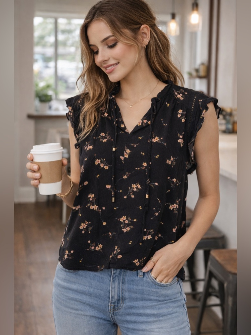 Buffalo David Bitton Floral Blouse Small Black Boho Tie Neck Flutter Sleeve